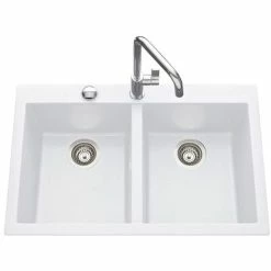 Tout neuf 😍 Évier Granit Blanc Luisina QUADRILLE 2 Bacs - Vidage Auto - Blanc 🎁